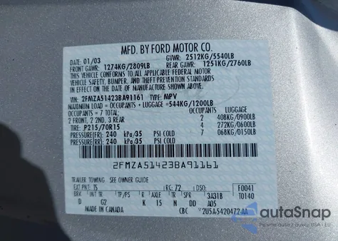 2003 Ford Windstar Lx z USA, uszkodzony, nr VIN 2FMZA51423BA91161